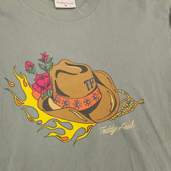 Teddy Fresh Casual Long Sleeve Crew Neck Graphic T Shirt Mens Size M Green - Picture 4 of 11